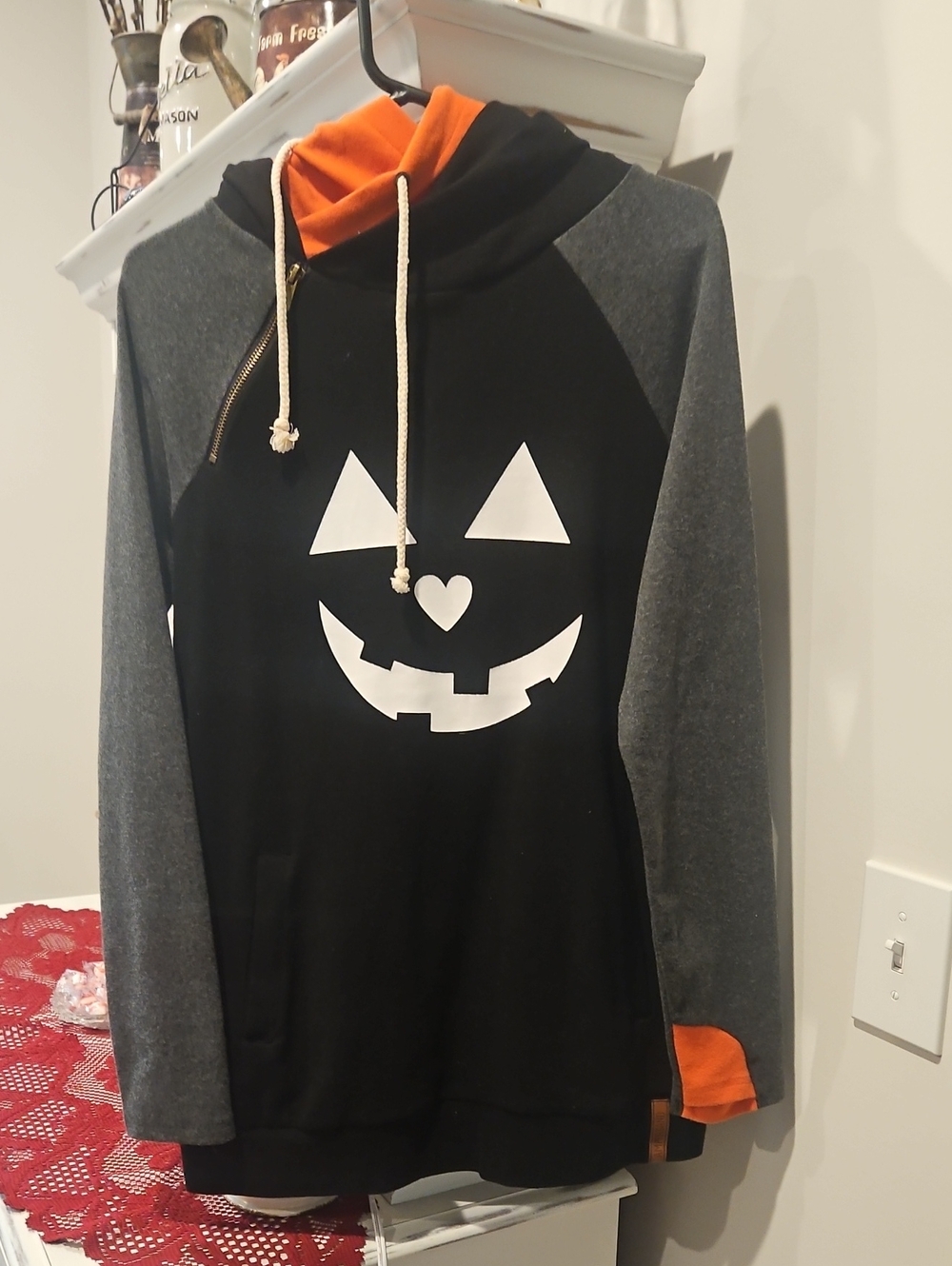 Black & Gray Jack-O'-Lantern Pullover Hoodie with Orange Lining